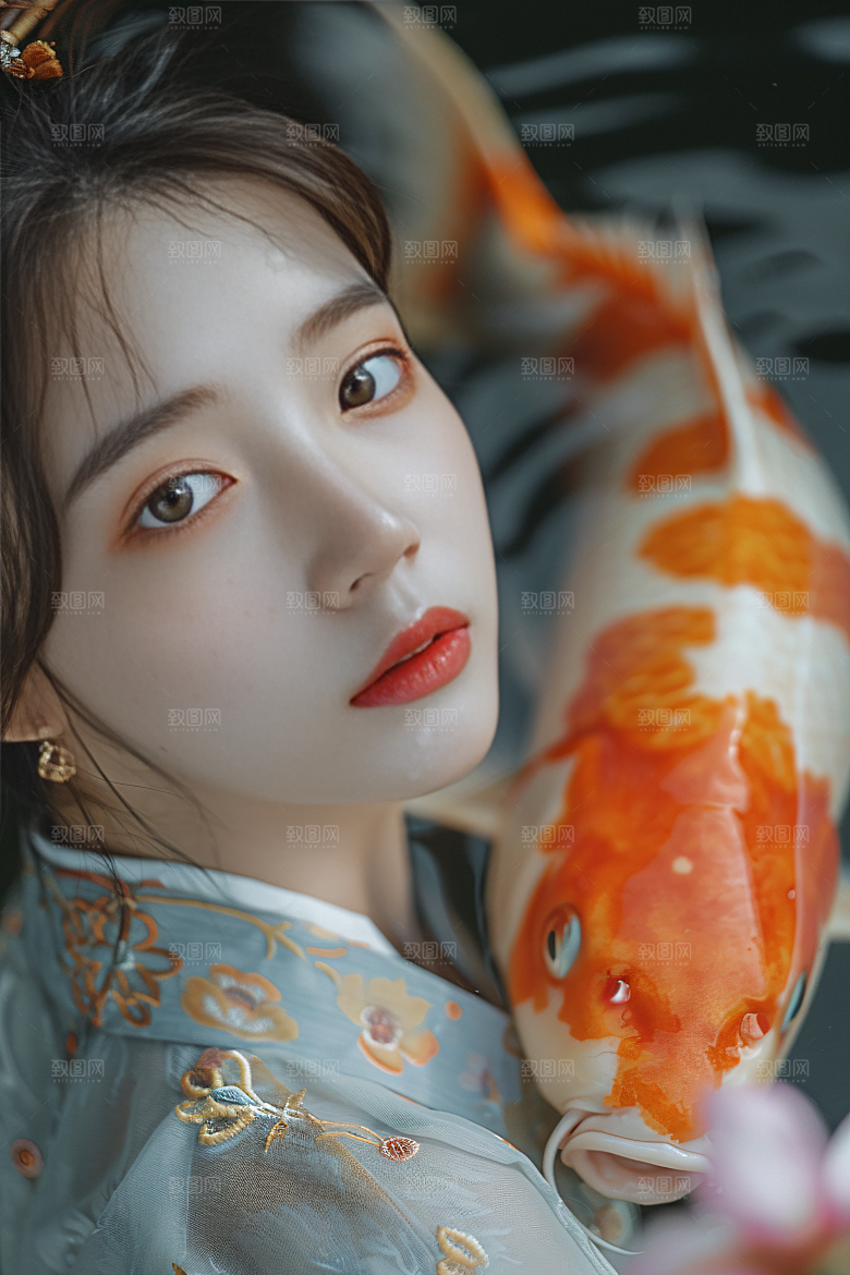 锦鲤汉服美女古风人像素材