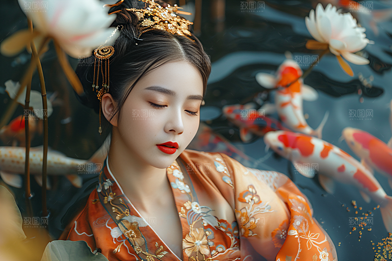 锦鲤汉服美女传统古风素材