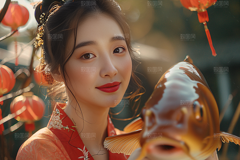 锦鲤汉服美女优雅吉祥素材