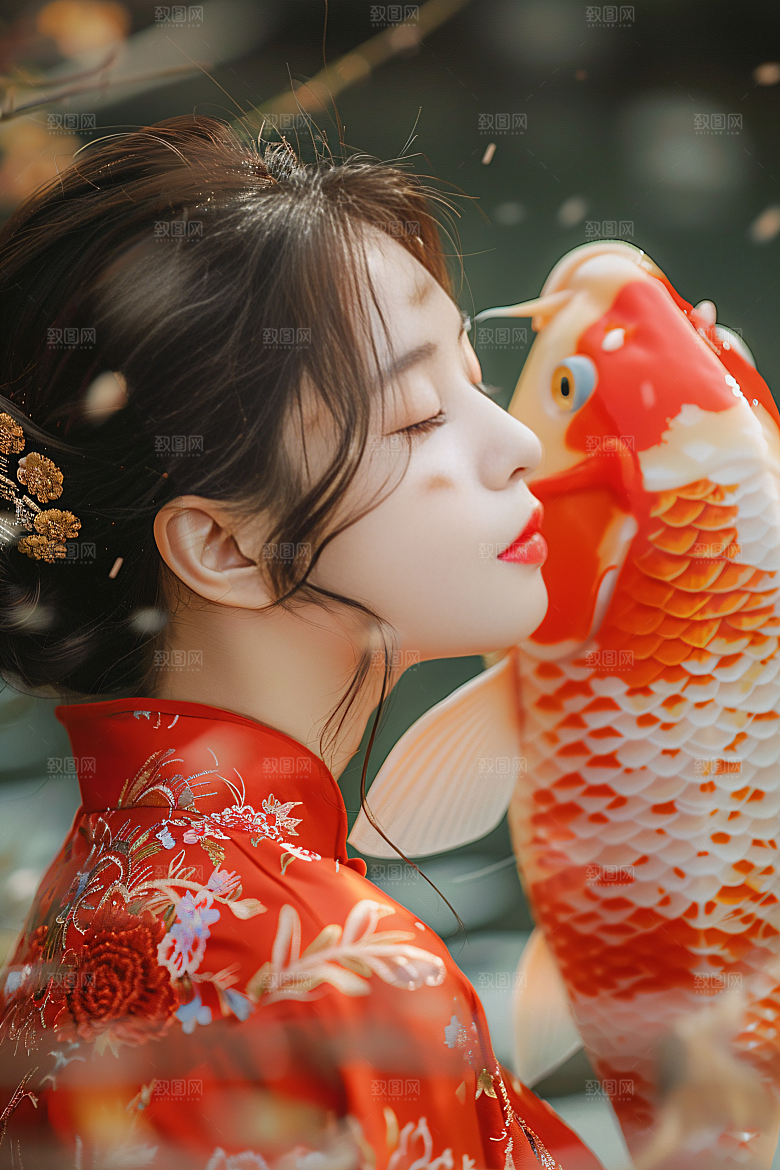 锦鲤汉服美女古风肖像素材