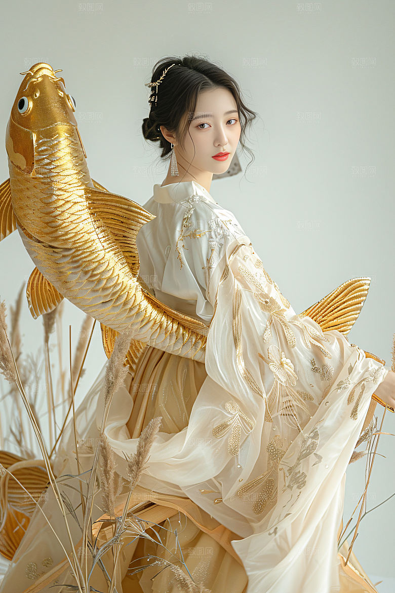 锦鲤汉服美女古风金鱼素材