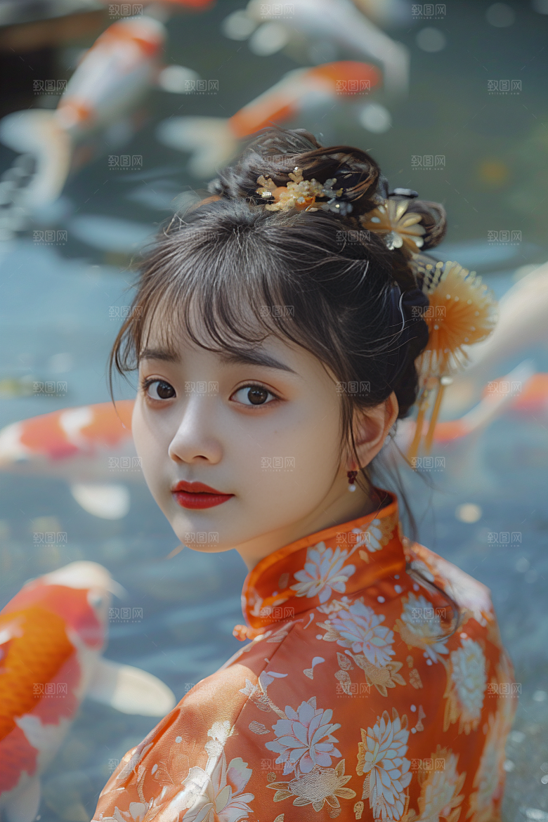 锦鲤汉服美女精致唯美素材