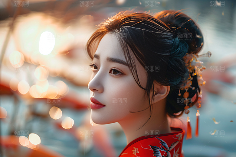 锦鲤汉服美女古风精致素材