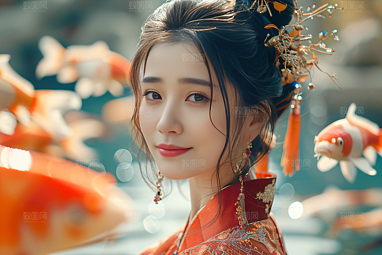 锦鲤汉服美女吉祥高清素材