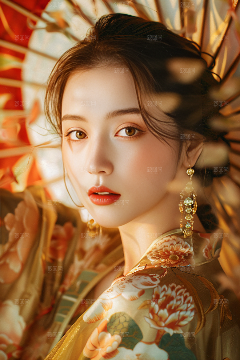 锦鲤汉服美女唯美肖像素材