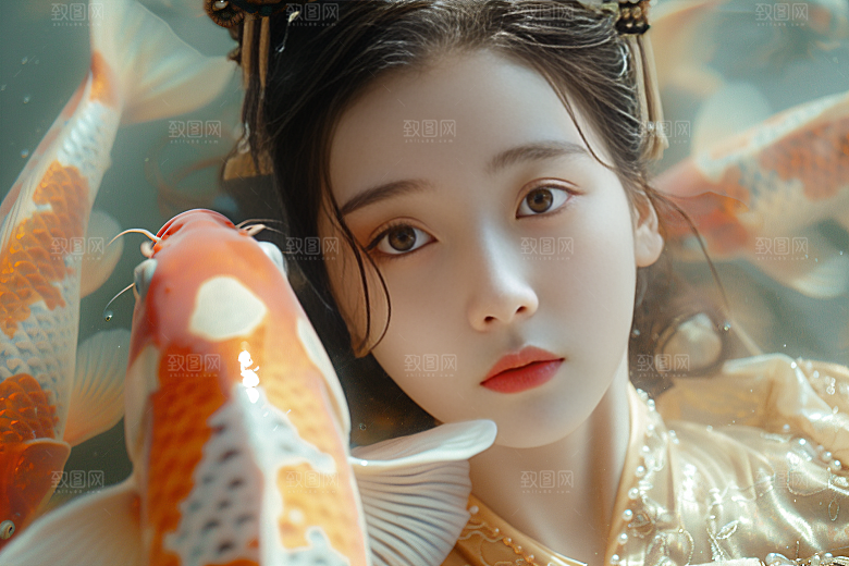 锦鲤汉服美女精致古风素材