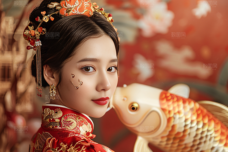 锦鲤汉服美女唯美古风素材