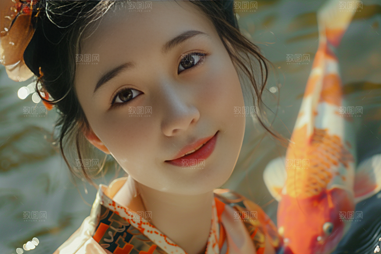 锦鲤汉服美女唯美古风素材
