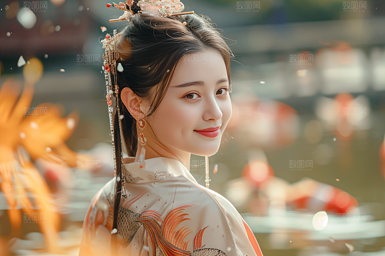 锦鲤汉服美女中国风唯美素材
