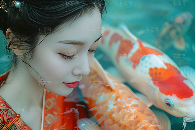 锦鲤汉服美女金鱼精致素材