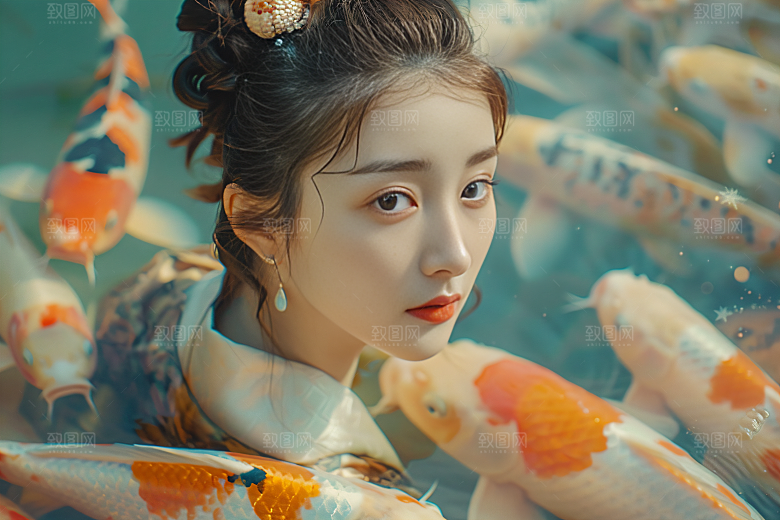 锦鲤汉服美女优雅肖像素材