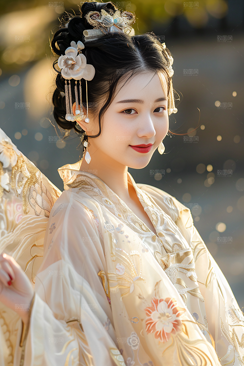 锦鲤汉服美女优雅精致素材