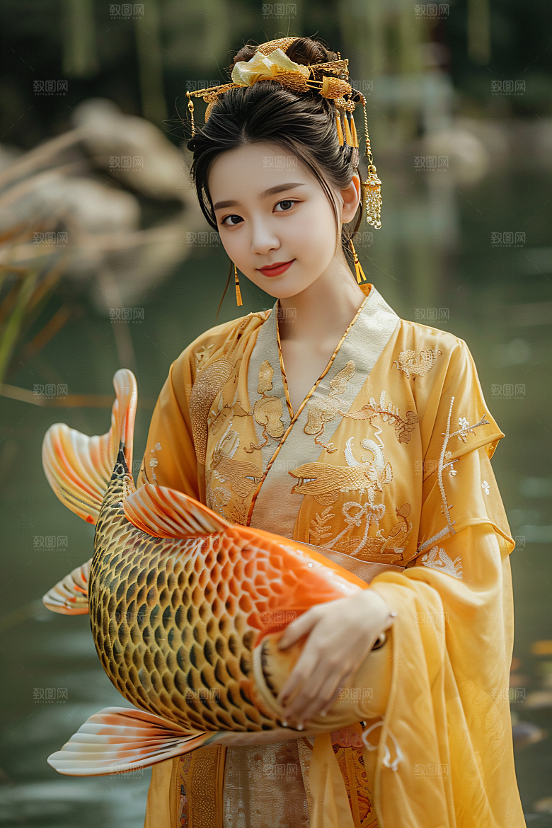 锦鲤汉服美女传统肖像素材