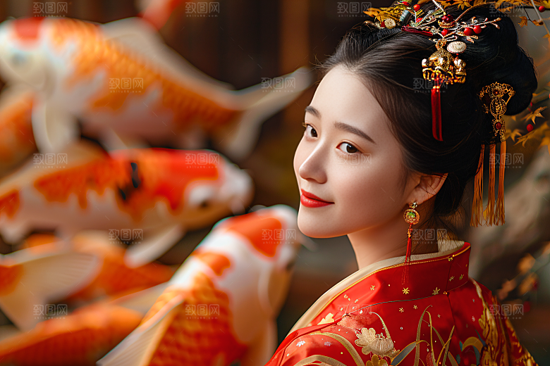 锦鲤汉服美女古风金鱼素材
