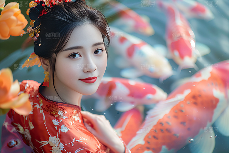 锦鲤汉服美女肖像吉祥素材