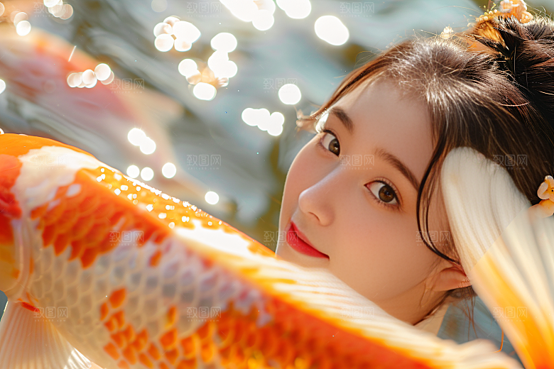 锦鲤汉服美女金鱼优雅素材