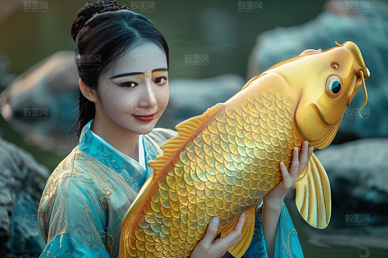 锦鲤汉服美女中国风优雅素材