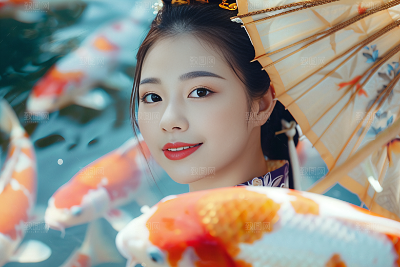 锦鲤汉服美女吉祥古风素材
