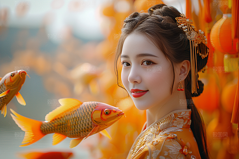 锦鲤汉服美女肖像金鱼素材