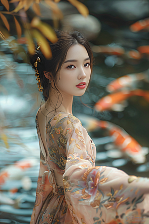 锦鲤汉服美女吉祥古风素材