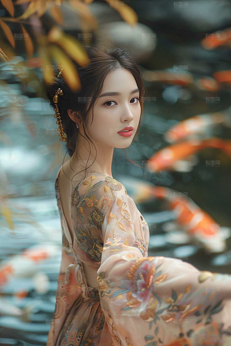 锦鲤汉服美女吉祥古风素材