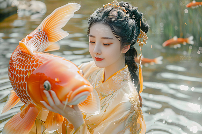 锦鲤汉服美女古风金鱼素材