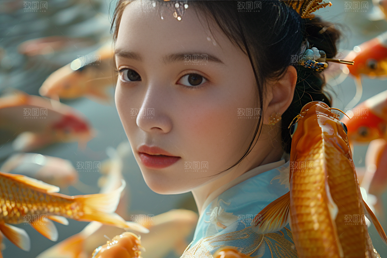 锦鲤汉服美女精致人像素材