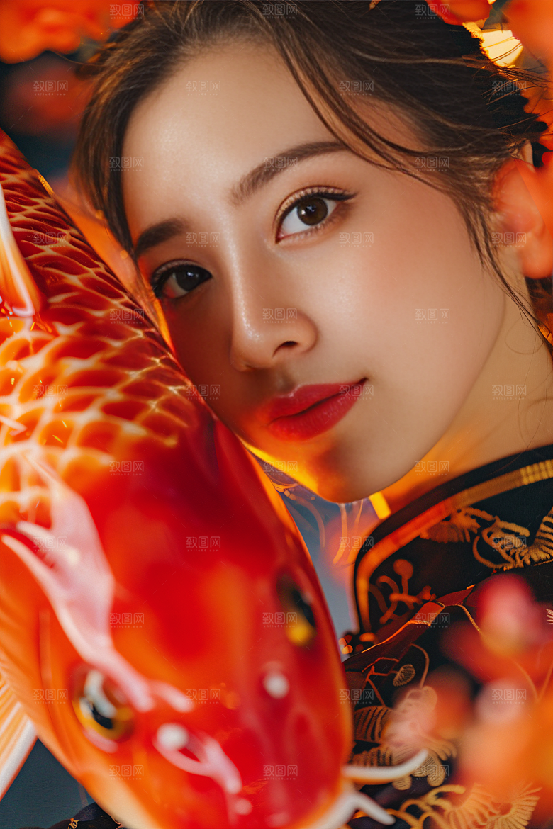 锦鲤汉服美女吉祥精致素材