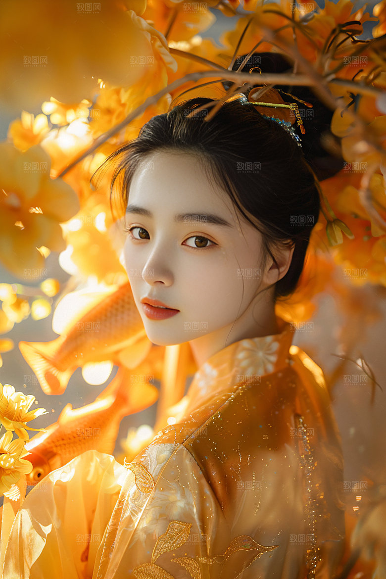 锦鲤汉服美女精致古风素材
