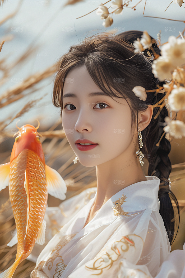 锦鲤汉服美女肖像唯美素材