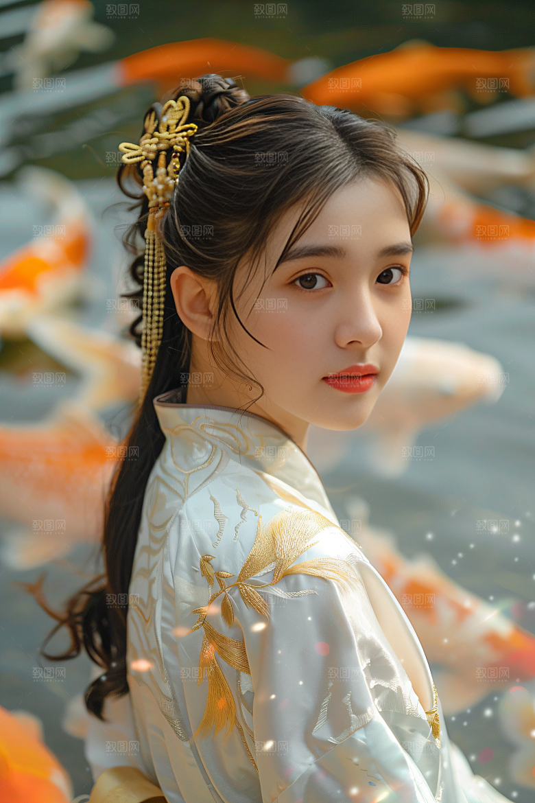 锦鲤汉服美女肖像唯美素材