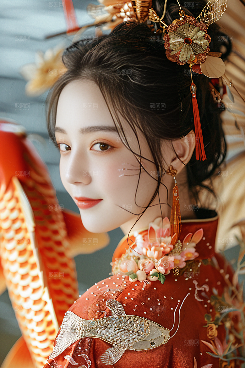 锦鲤汉服美女高清精致素材