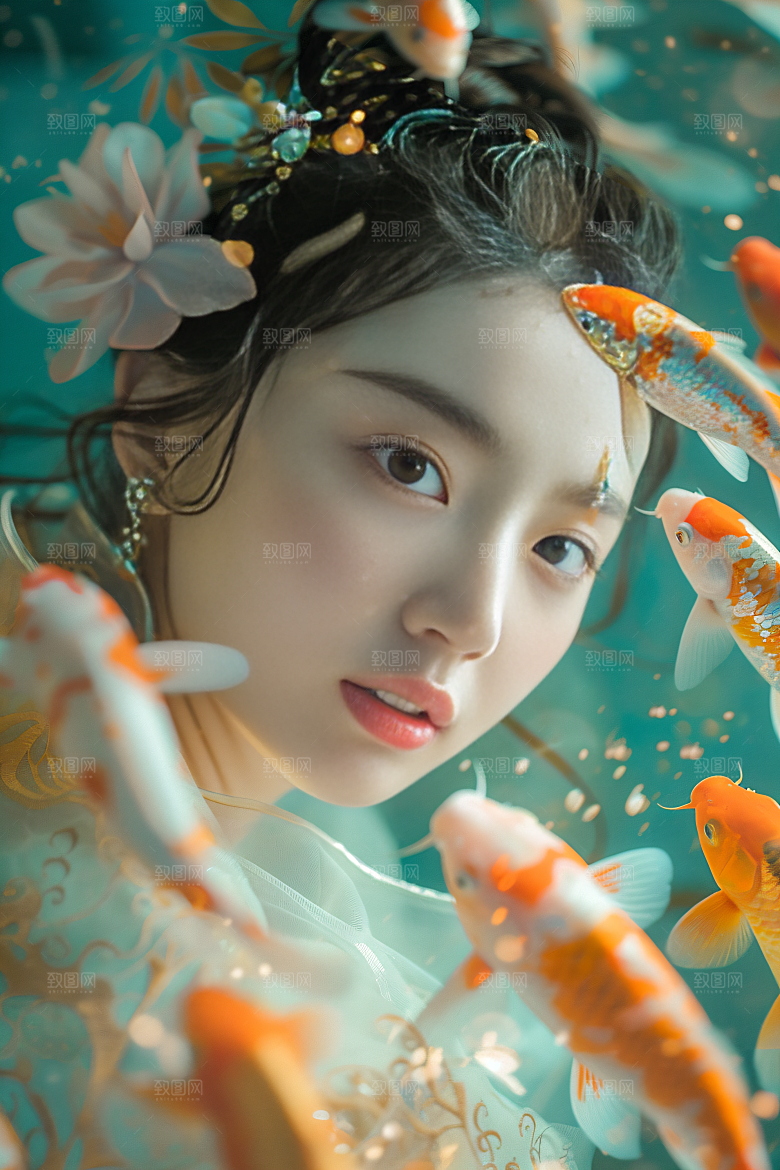 锦鲤汉服美女人像唯美素材