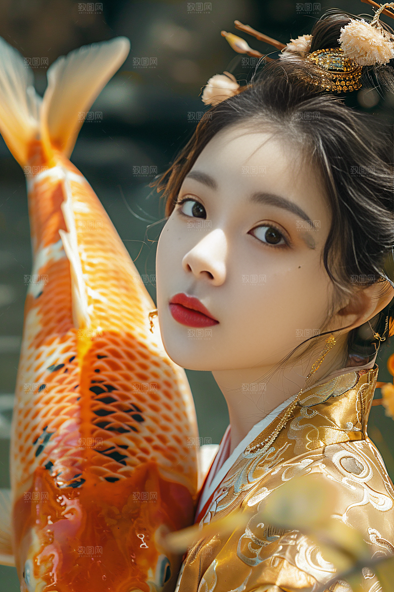 锦鲤汉服美女优雅古风素材