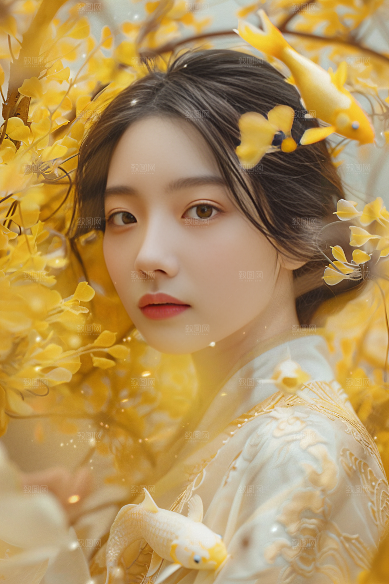 锦鲤汉服美女精致唯美素材
