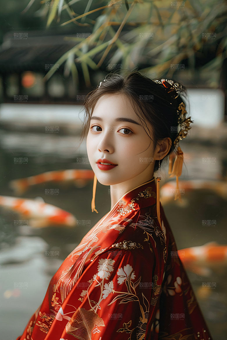 锦鲤汉服美女中国风传统素材