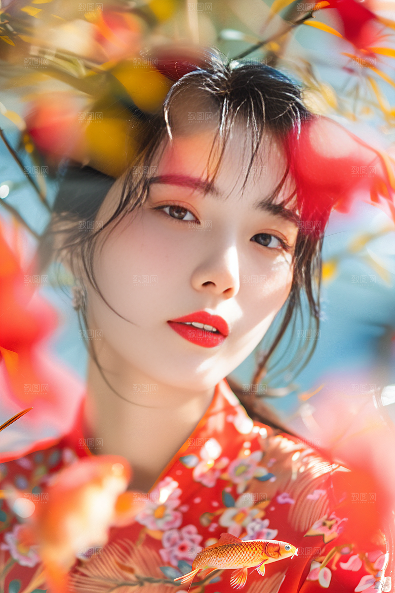锦鲤汉服美女金鱼中国风素材