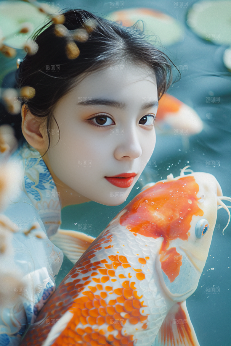 锦鲤汉服美女中国风传统素材