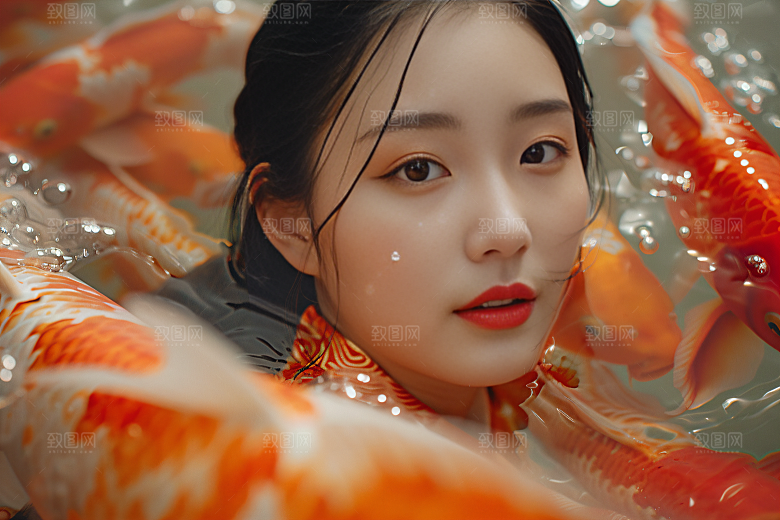 锦鲤汉服美女金鱼人像素材
