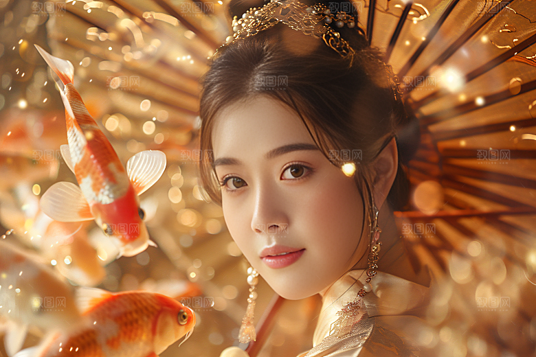 锦鲤汉服美女中国风人像素材