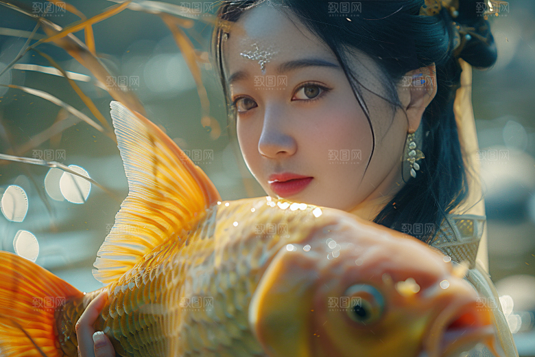 锦鲤汉服美女中国风传统素材