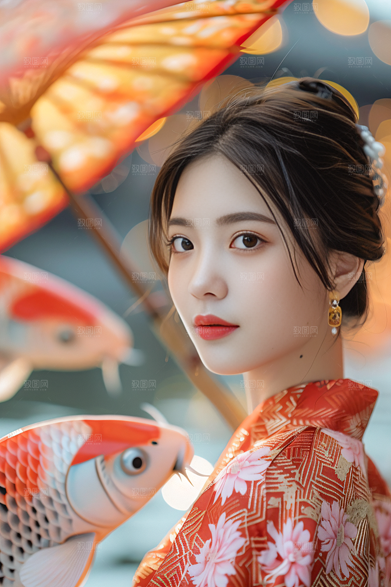 锦鲤汉服美女唯美优雅素材