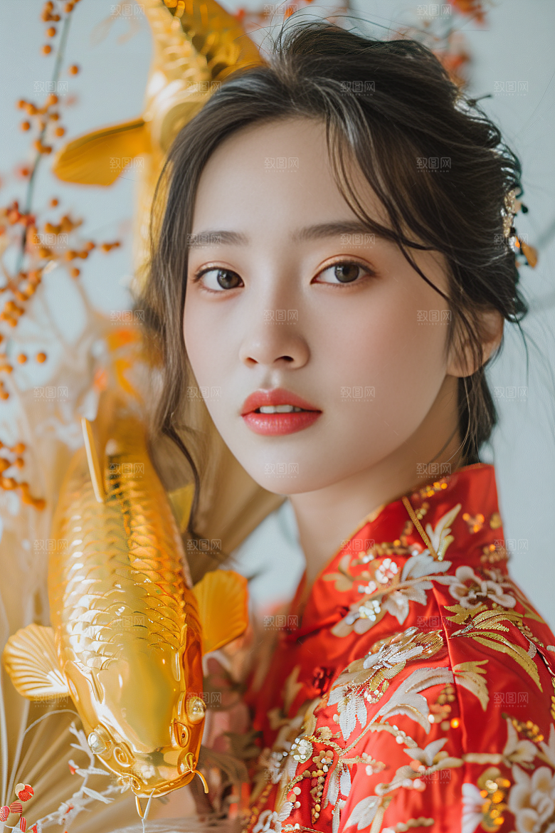 锦鲤汉服美女吉祥优雅素材