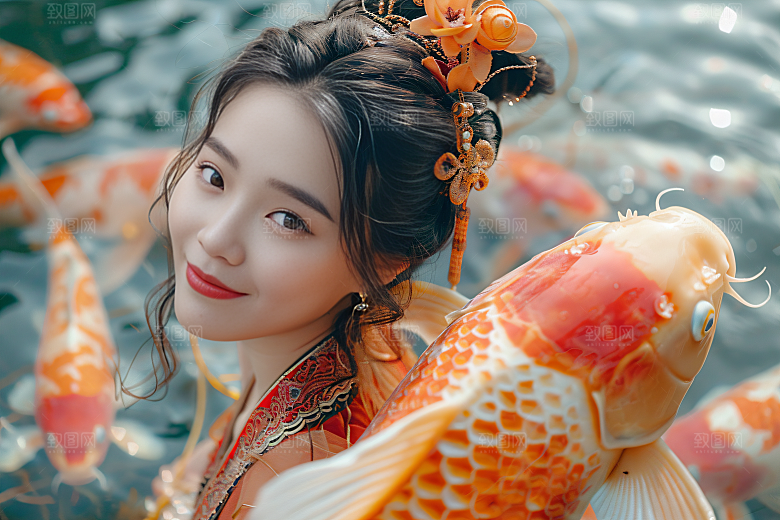锦鲤汉服美女古风人像素材