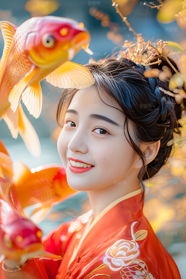 锦鲤汉服美女金鱼吉祥素材