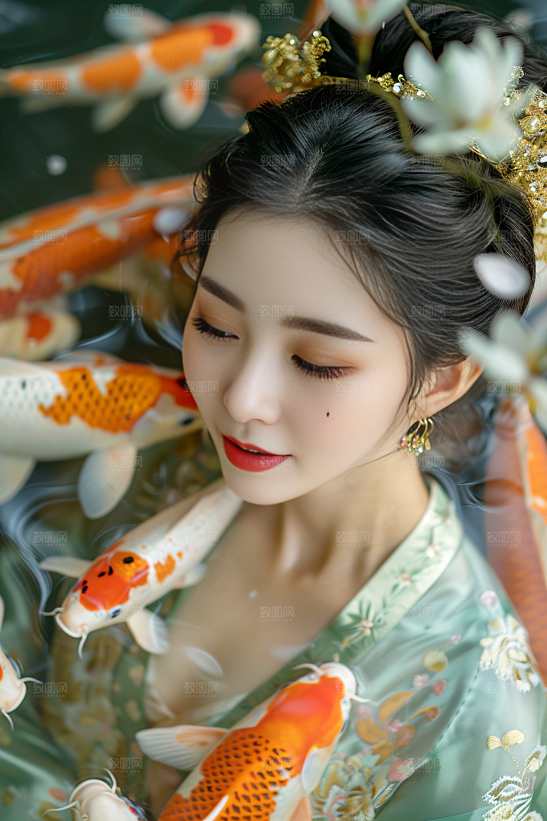 锦鲤汉服美女古风人像素材