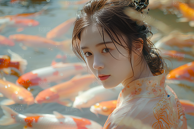 锦鲤汉服美女优雅古风素材