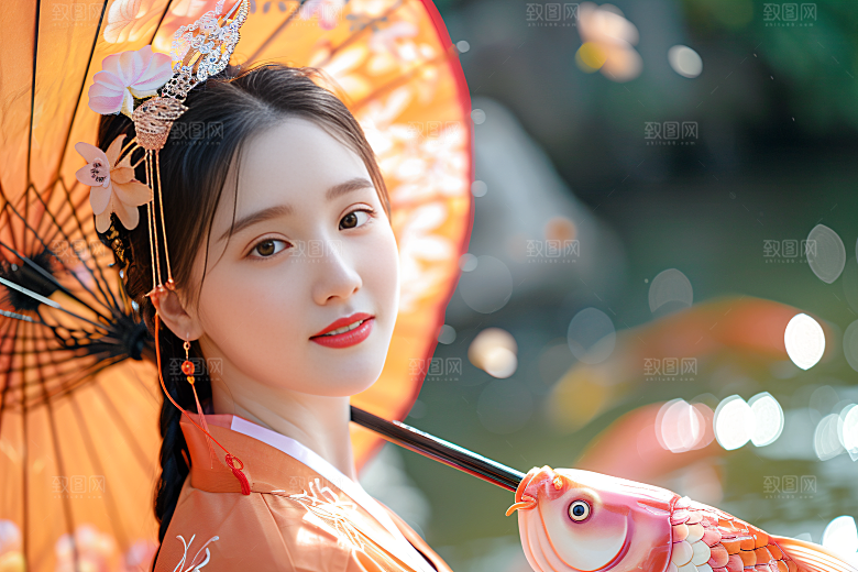 锦鲤汉服美女金鱼中国风素材