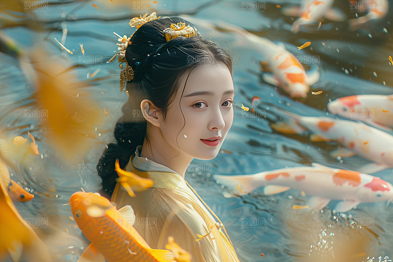 锦鲤汉服美女中国风传统素材