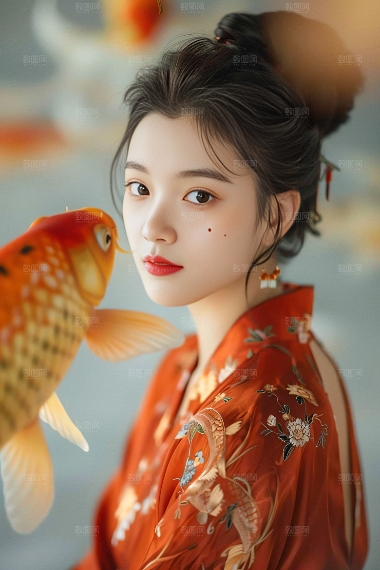 锦鲤汉服美女古风优雅素材